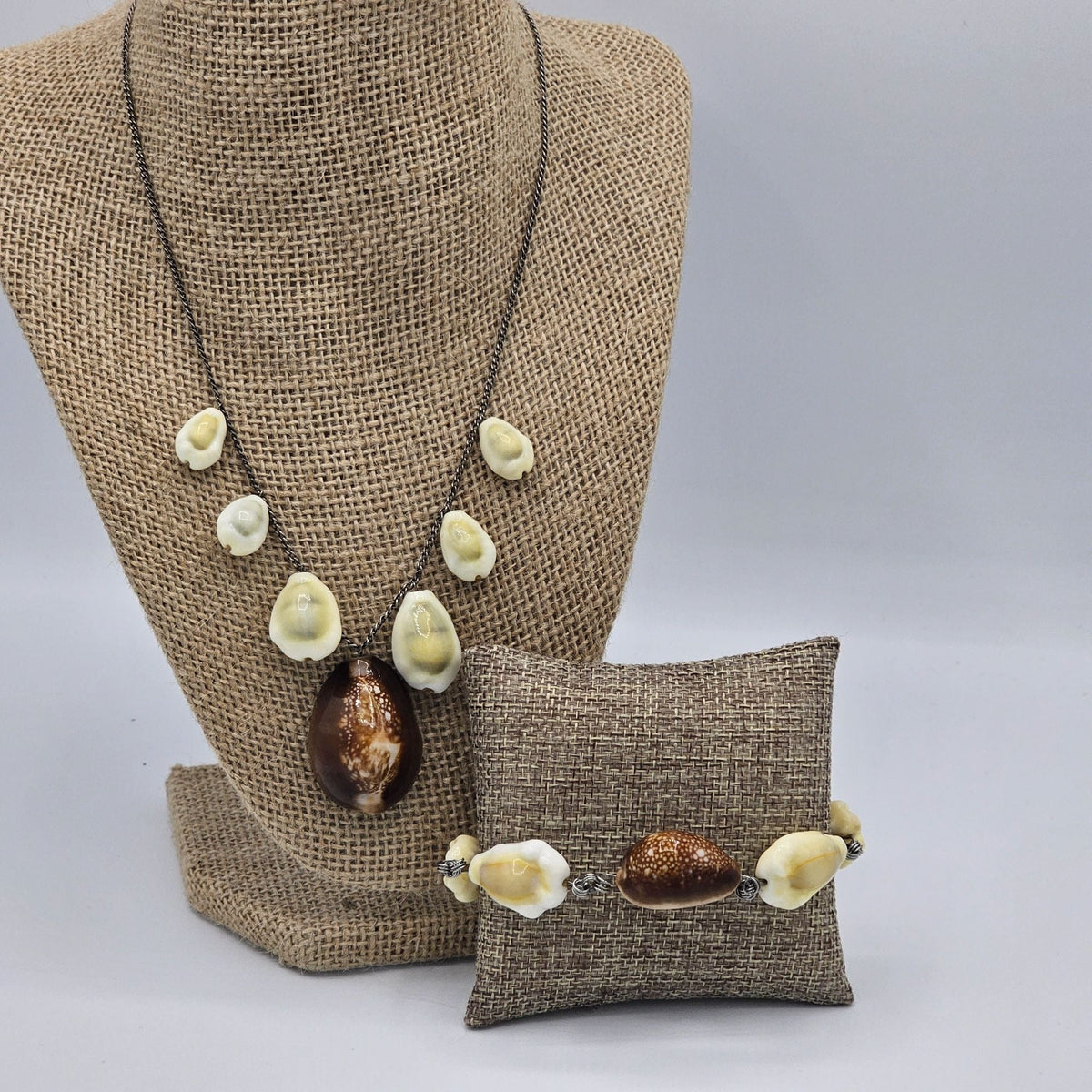 Sterling Silver Matching Hawaiian Puka Cowrie Shell Necklace and Bracelet Vintage
