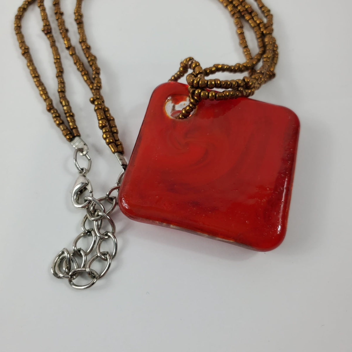 Vintage Blown Glass Red Copper Swirl Art Pendant Copper Beaded Chain