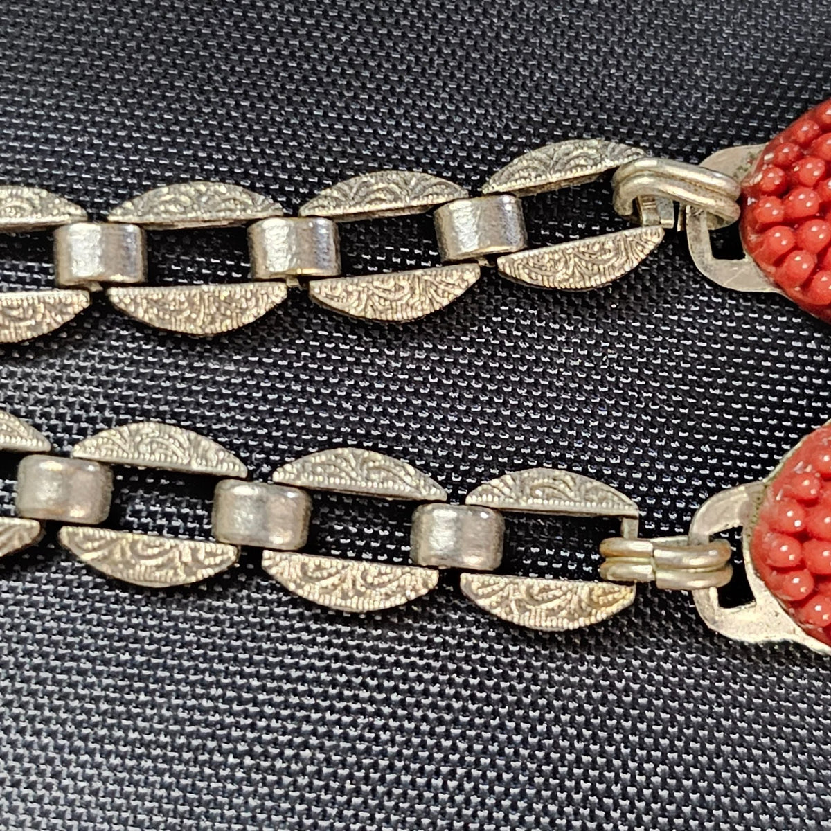 Sterling Art Deco Marcasite Carved Flower Carnelian Glass Necklace