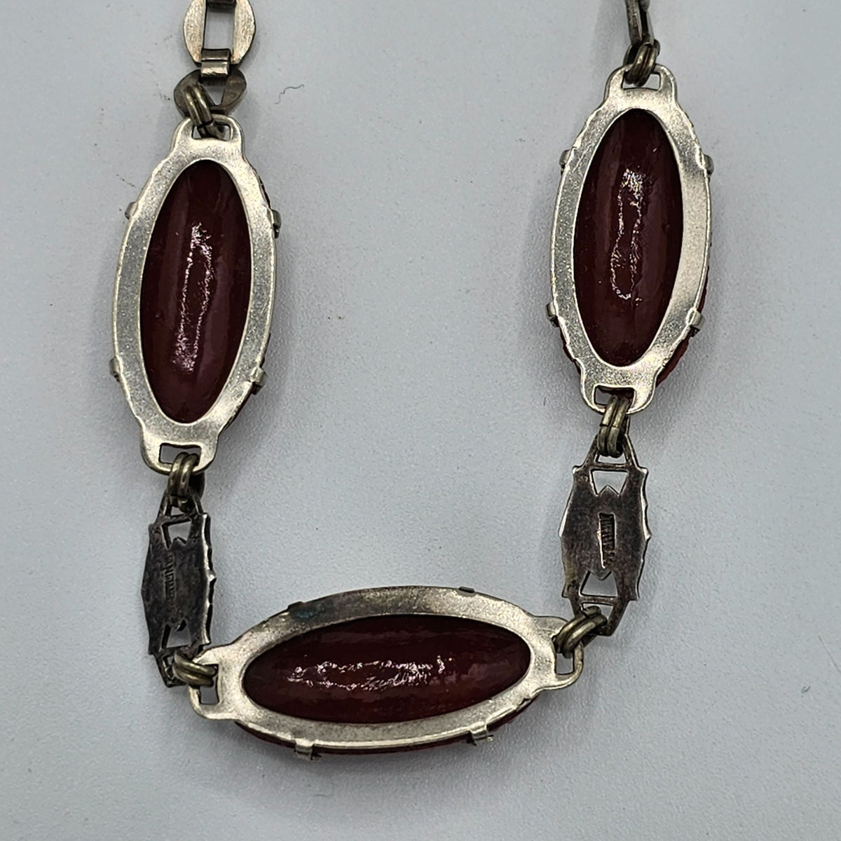 Sterling Art Deco Marcasite Carved Flower Carnelian Glass Necklace