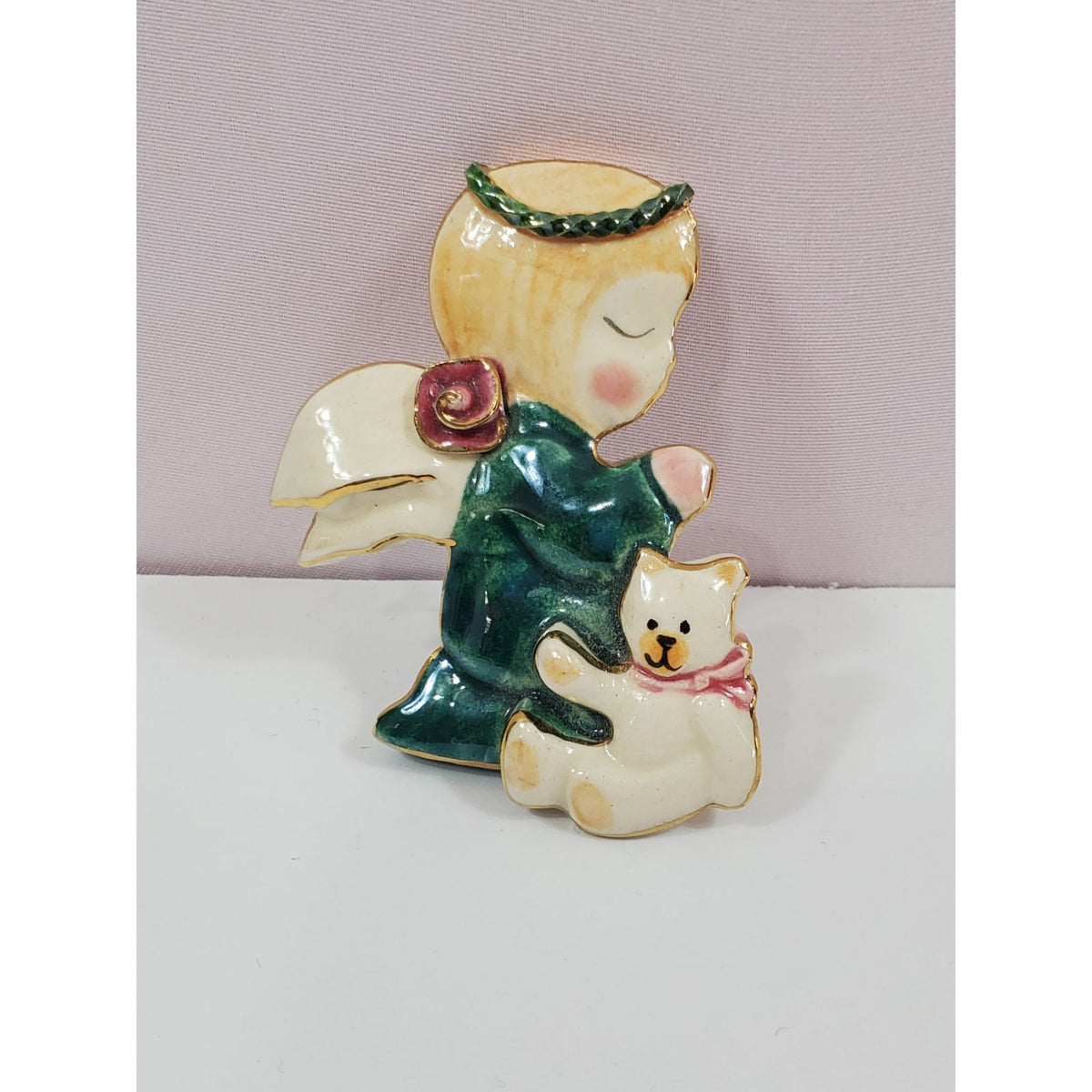Praying Angel Kitten Handcrafted Porcelain Brooch Vintage