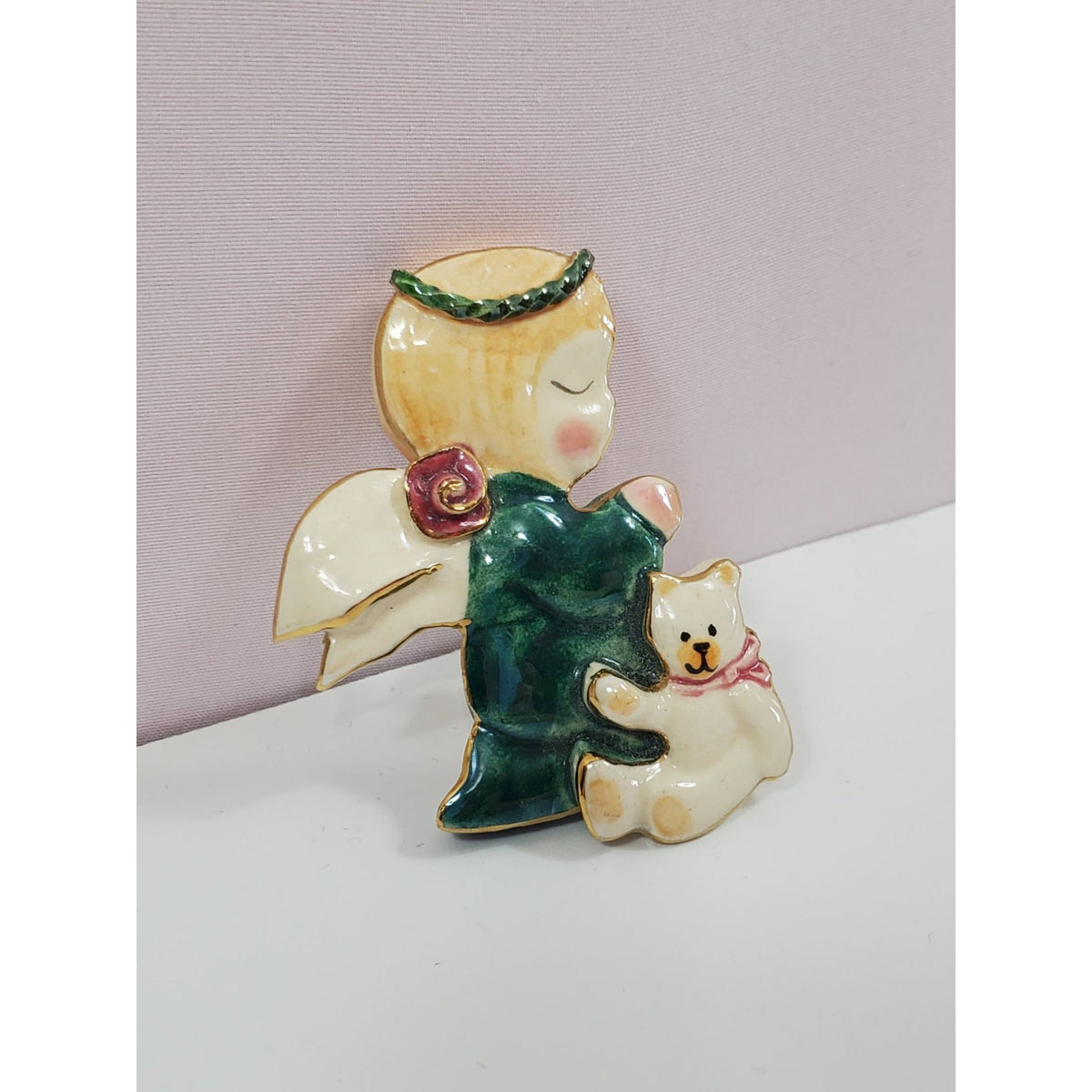 Praying Angel Kitten Handcrafted Porcelain Brooch Vintage