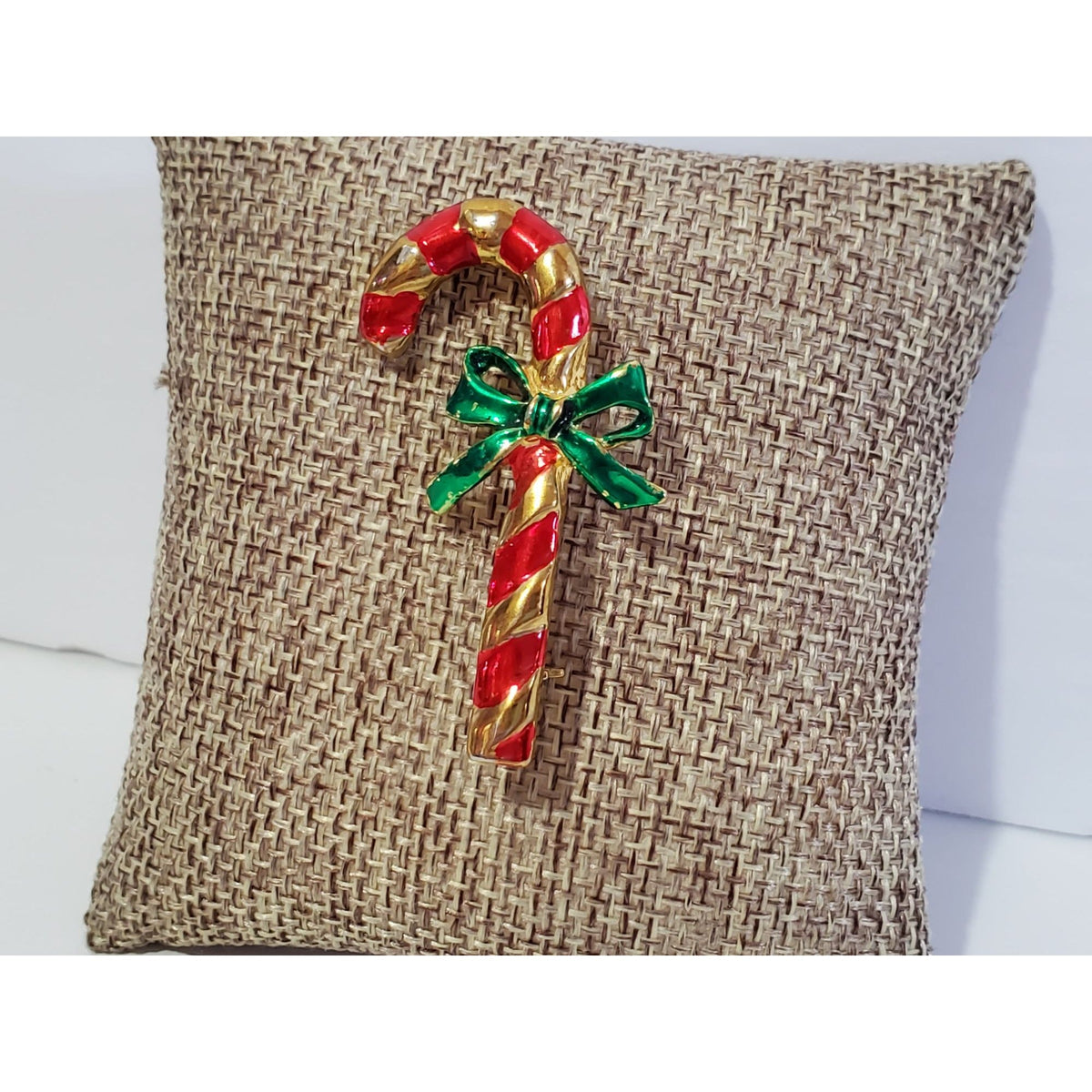 Vintage Red Gold Striped Candy Cane Green Bow Brooch Christmas