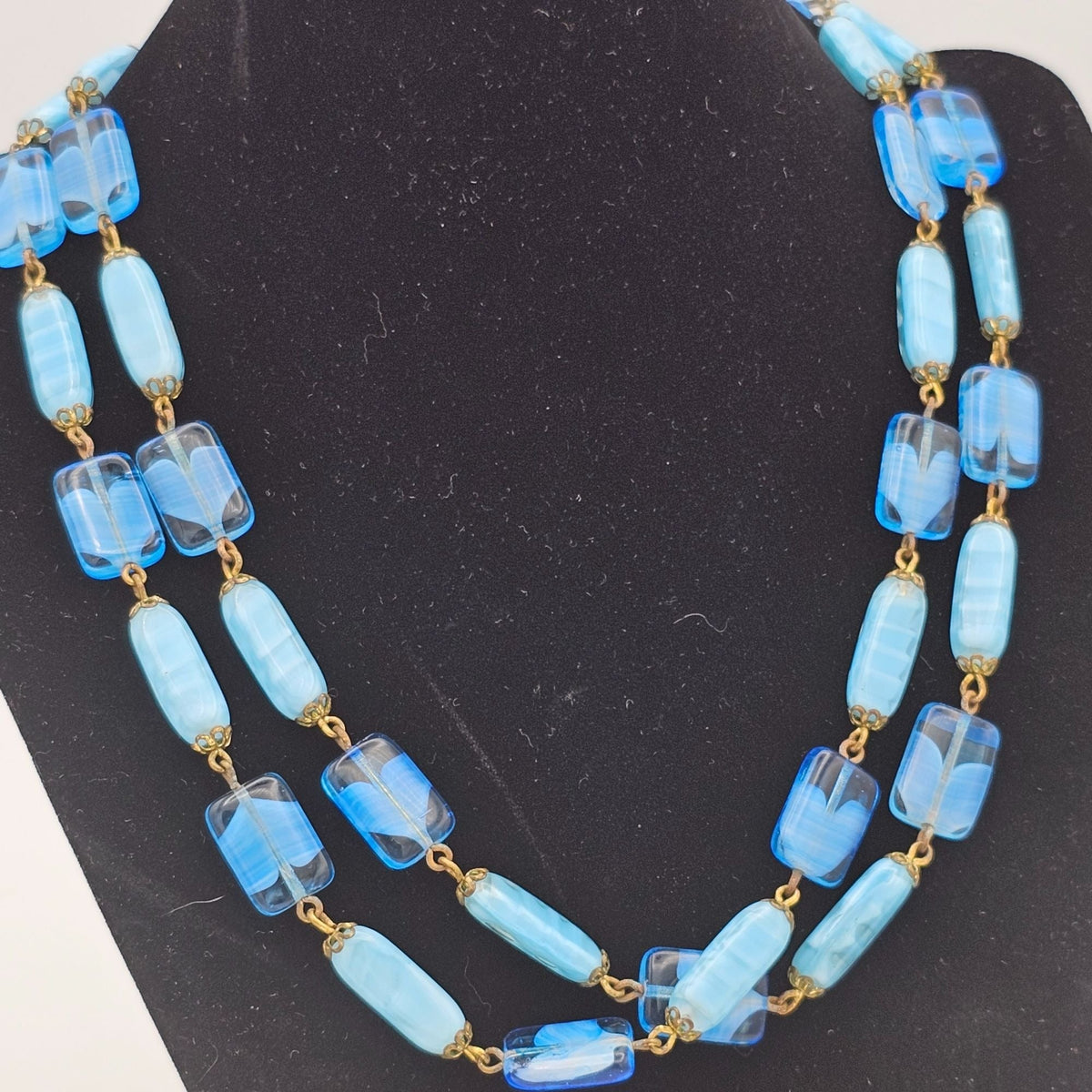 Vintage Uranium Glass Necklace Black Light Reactive Long Strand Blue Beads 36 in