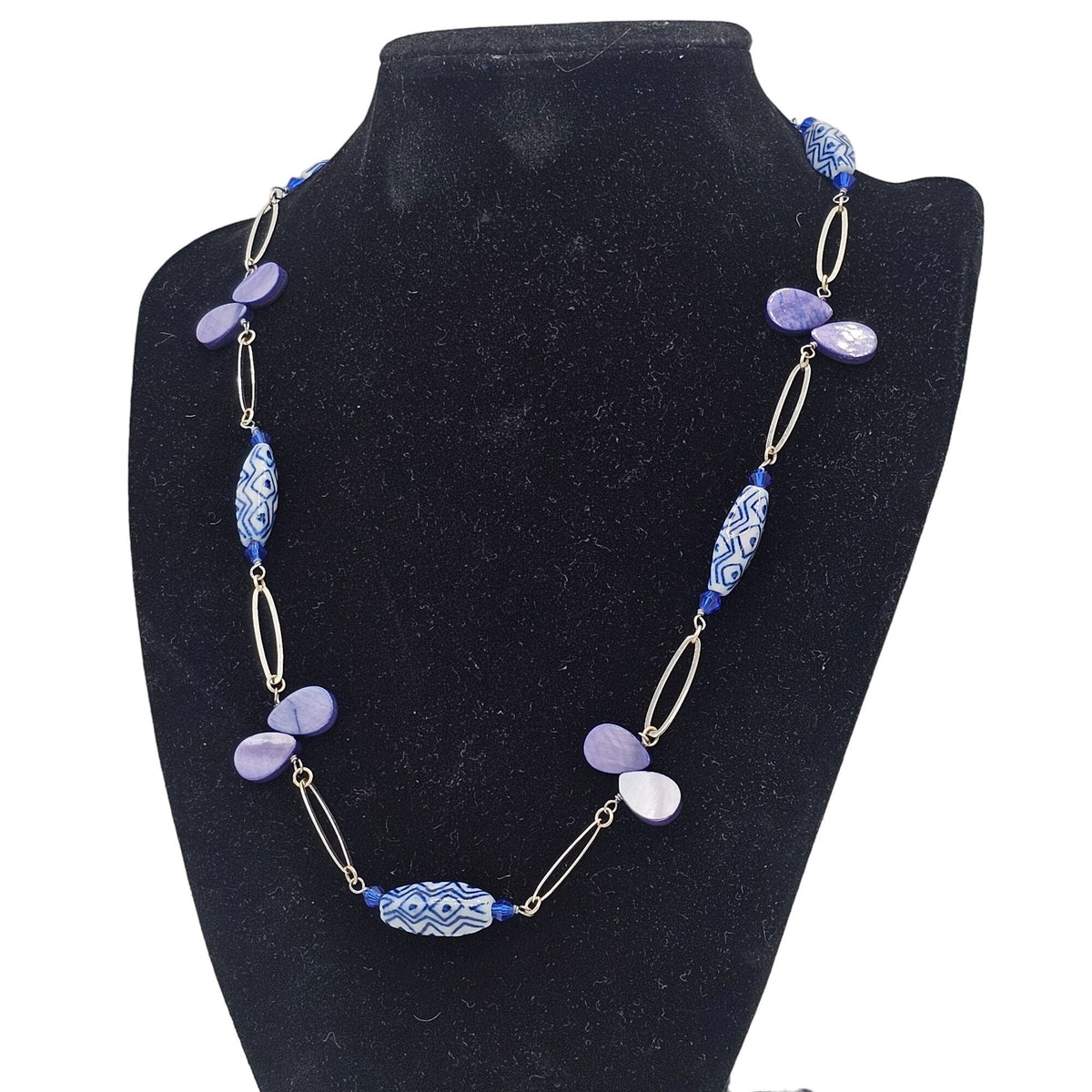 Vintage Station Style Blue Purple Beaded Necklace Sterling Silver Accents