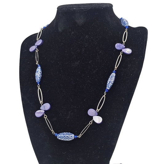 Vintage Station Style Blue Purple Beaded Necklace Sterling Silver Accents