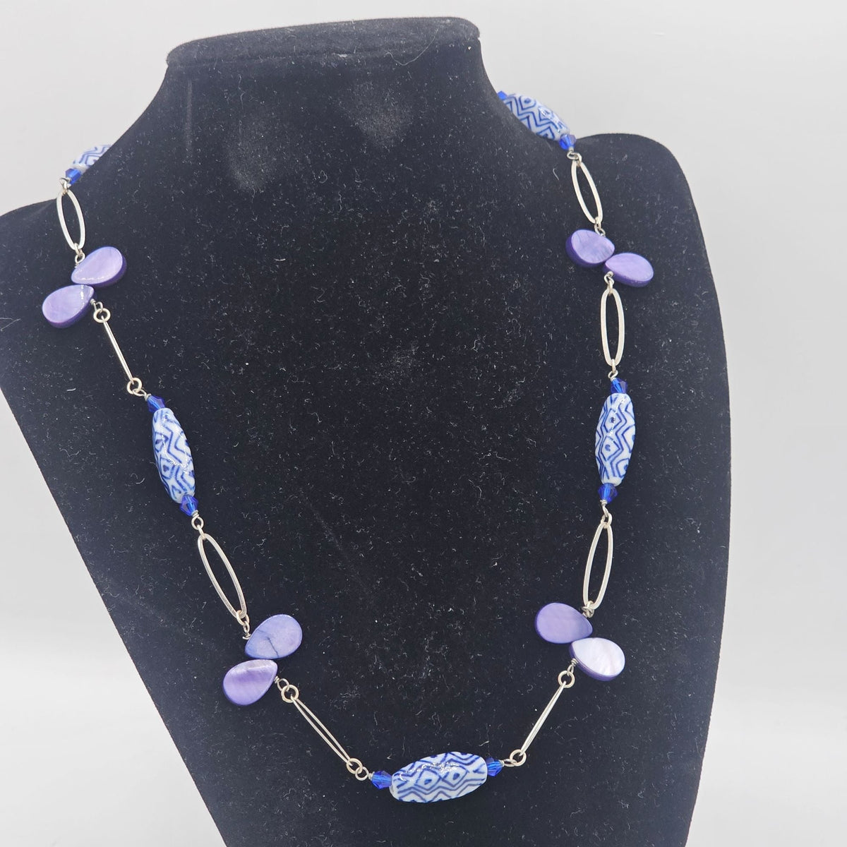 Vintage Station Style Blue Purple Beaded Necklace Sterling Silver Accents