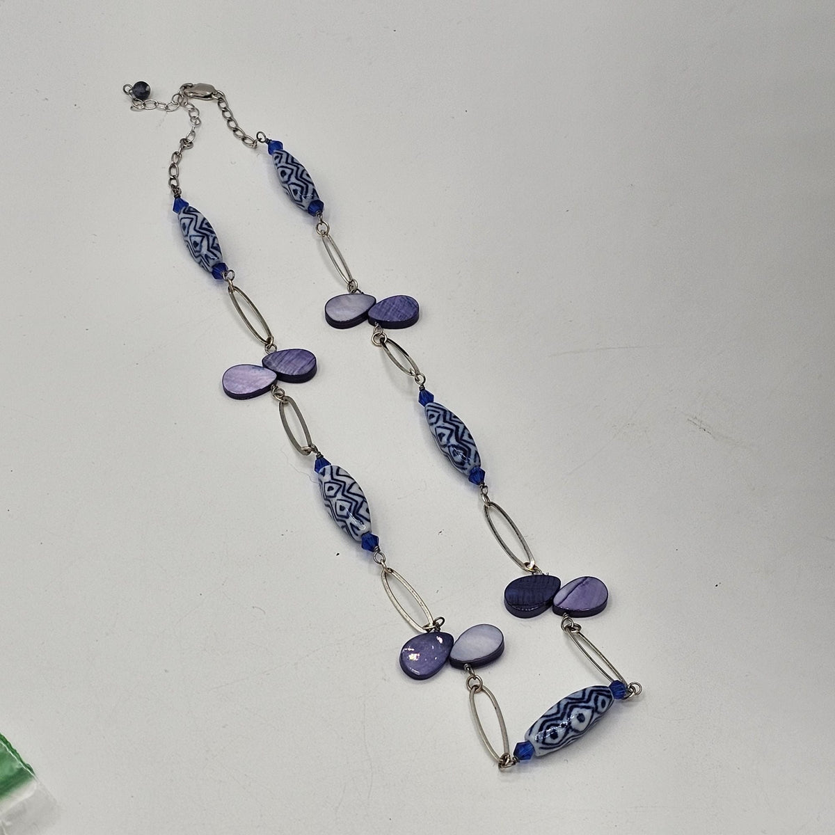 Vintage Station Style Blue Purple Beaded Necklace Sterling Silver Accents
