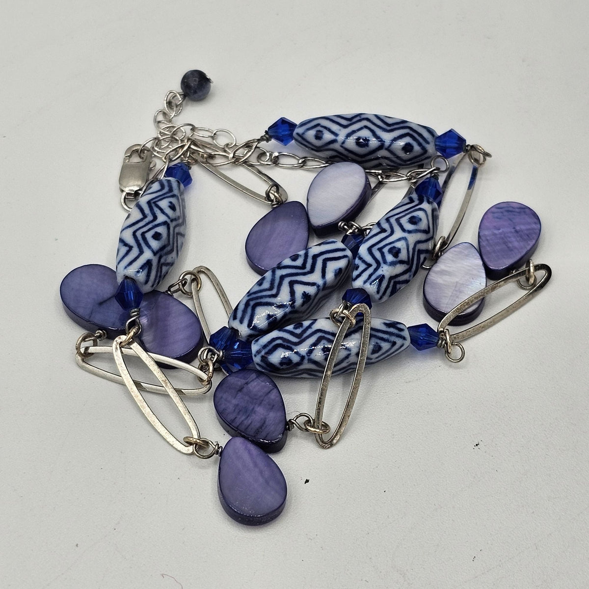 Vintage Station Style Blue Purple Beaded Necklace Sterling Silver Accents