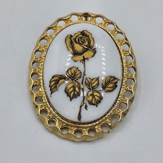 (690) Vintage Gold Tone Oval Metallic Rose White Cameo Costume Brooch Pendant