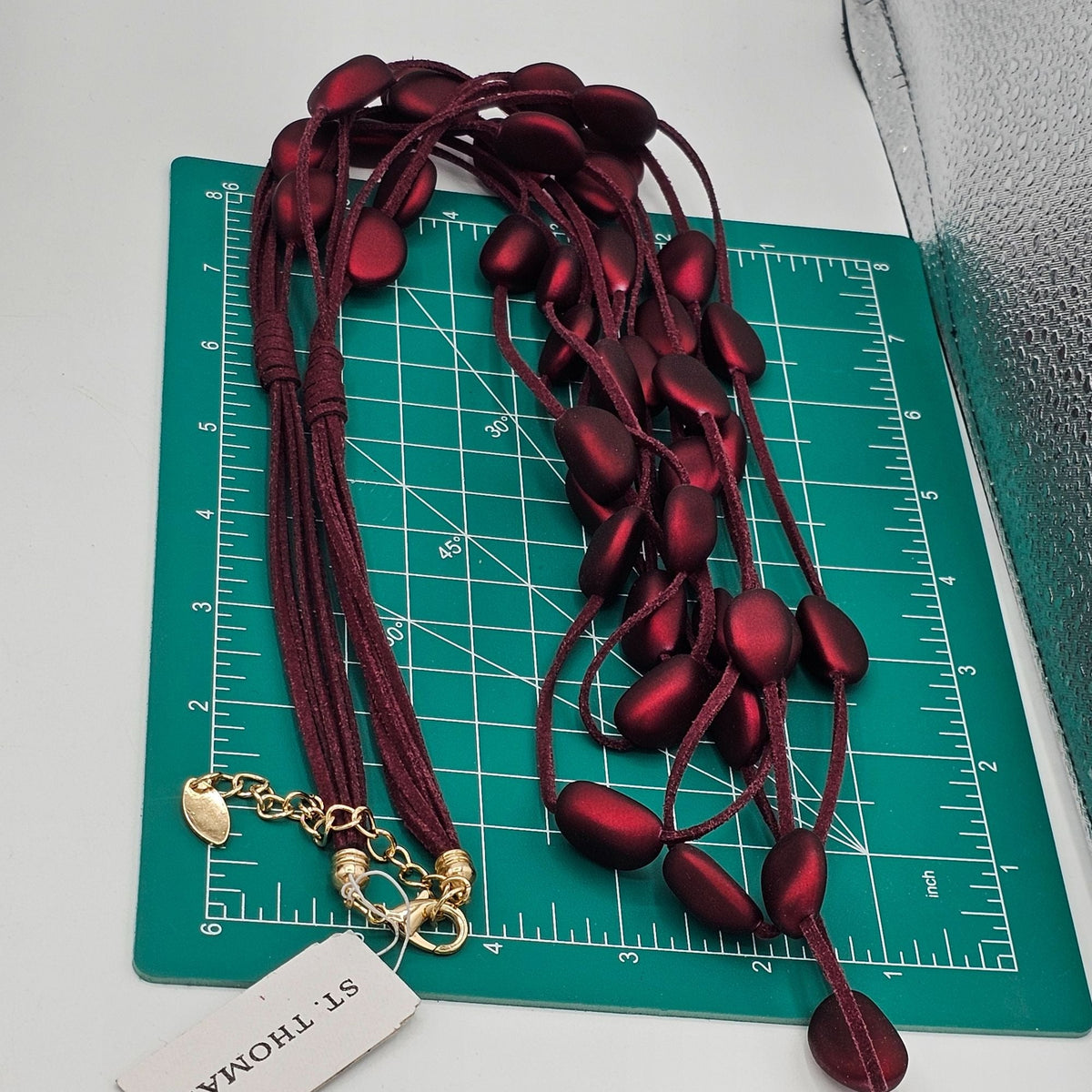 St. Thomas 36" Adjustable Necklace Burgundy Beads Station Leather Cord NWT