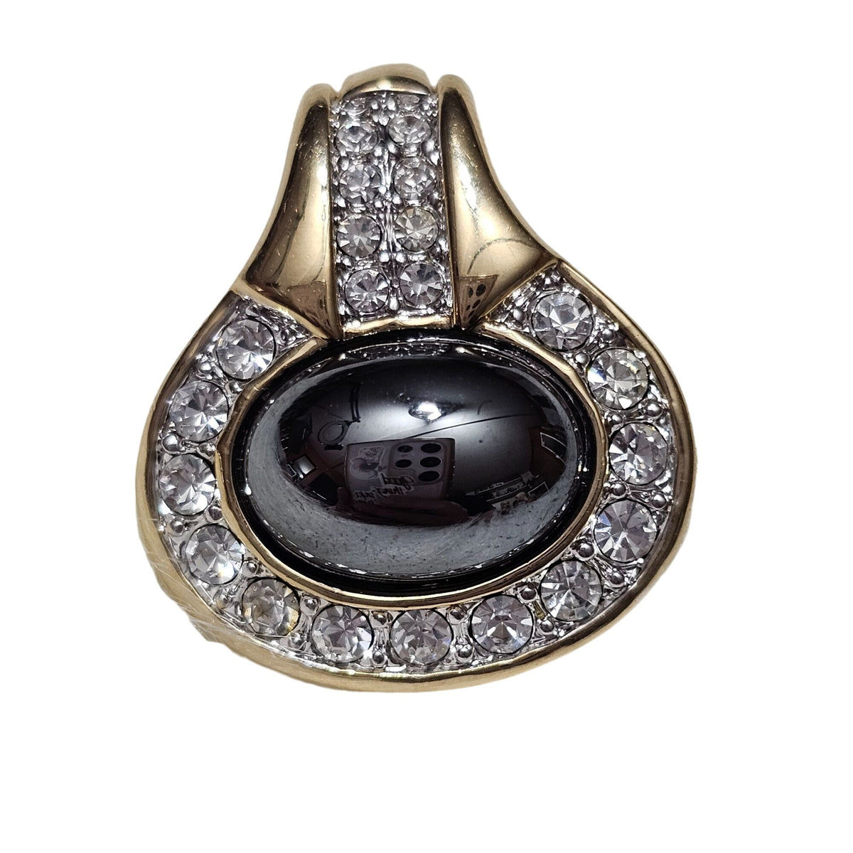(434) Vintage Designer Gold-Tone Hematite Pave Rhinestones Pendant Easy Removal