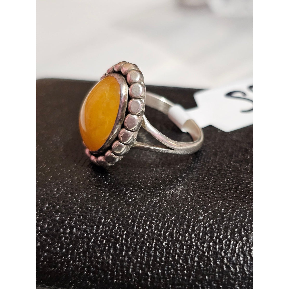 (723) DRT Sterling Silver Ring Yellow Butterscotch Amber Oval Stone Edge Design