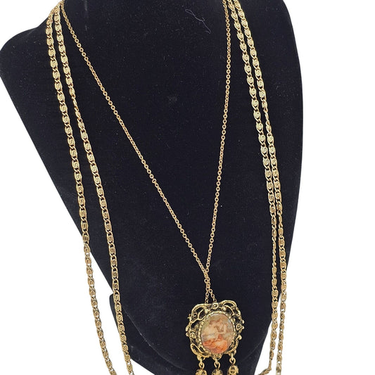 Vintage Gold-Tone Porcelain Cameo Tassels Ornate Pendant Layered Necklace