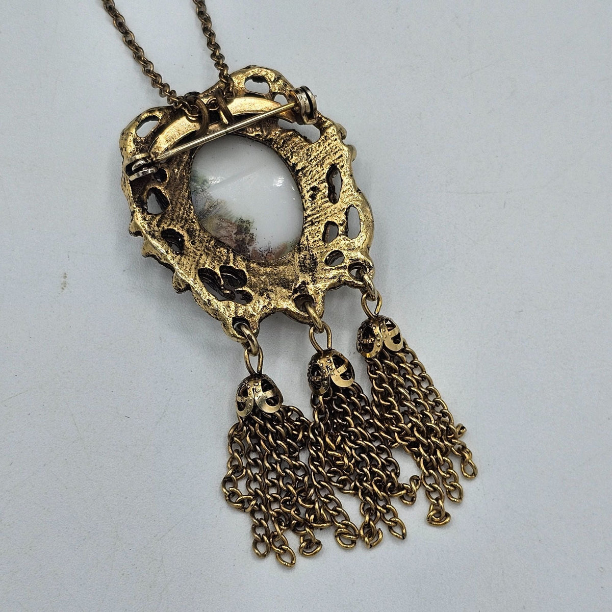 Vintage Gold-Tone Porcelain Cameo Tassels Ornate Pendant Layered Necklace