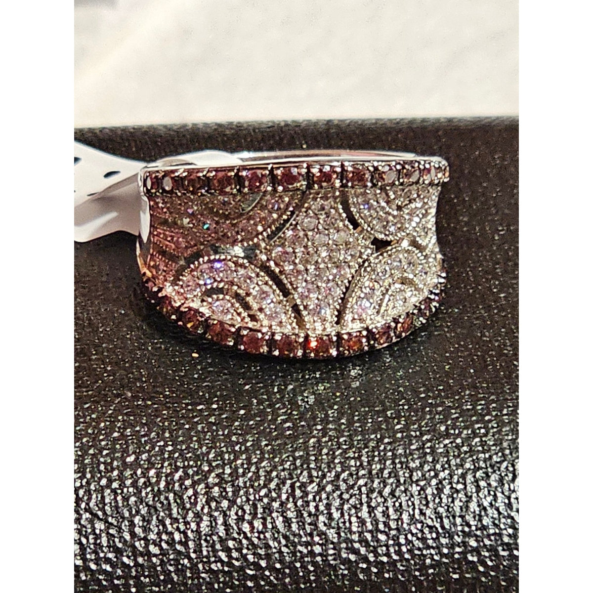 (719) Sterling Wide Band Ring Pave White Brown Cubic Zirconia Accents Size 8.75