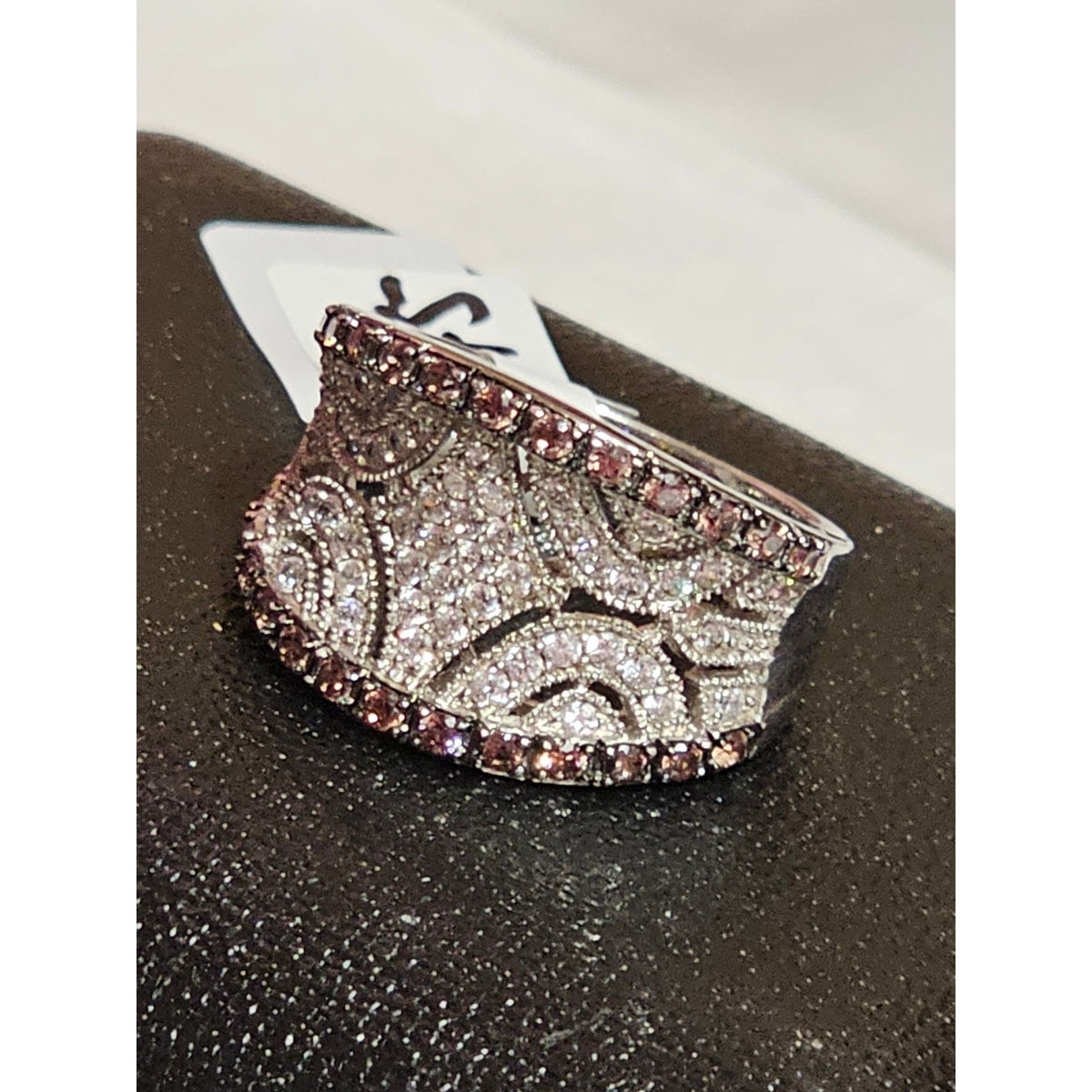 (719) Sterling Wide Band Ring Pave White Brown Cubic Zirconia Accents Size 8.75