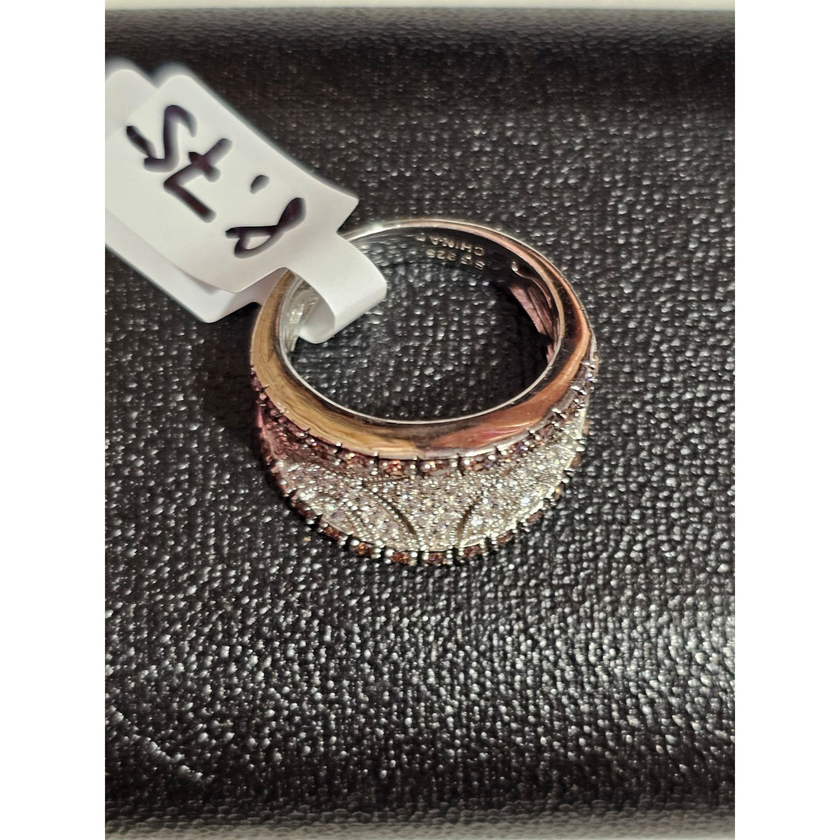 (719) Sterling Wide Band Ring Pave White Brown Cubic Zirconia Accents Size 8.75