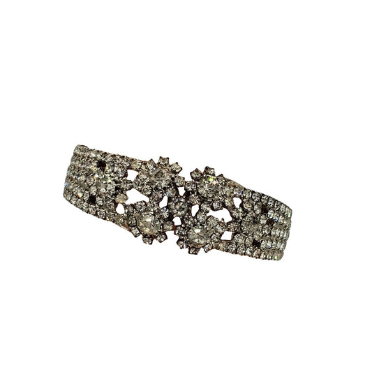 (133) Stunning Clear Rhinestones Silver-tone Clamper Bracelet Sparkly Vintage
