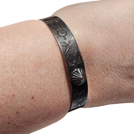 (718) Sterling Silver Native Engraved Cuff Bracelet 7 In Adjustable Patina