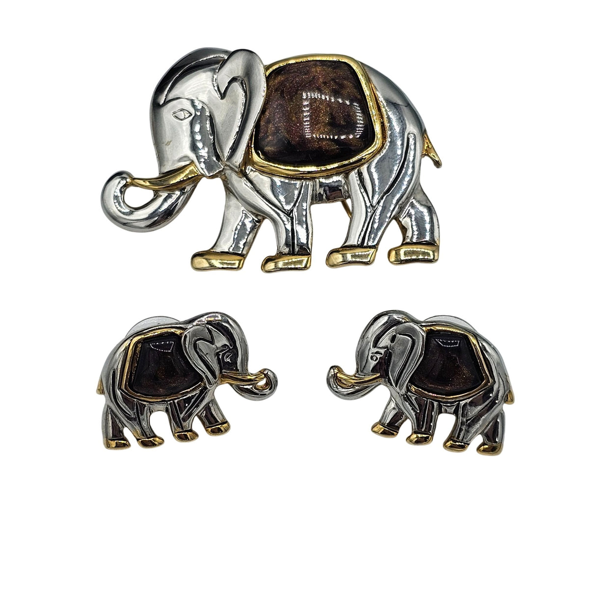 (50) Elephant Brooch Earring Set Gold SilverTone Jewelry Unique Animal Design Vintage