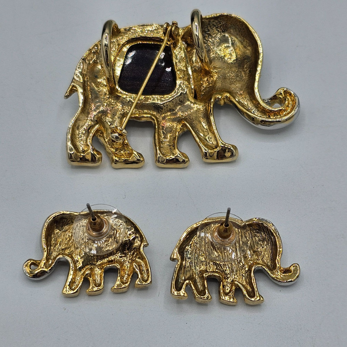 (50) Elephant Brooch Earring Set Gold SilverTone Jewelry Unique Animal Design Vintage