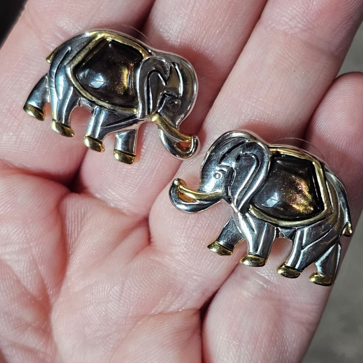 (50) Elephant Brooch Earring Set Gold SilverTone Jewelry Unique Animal Design Vintage