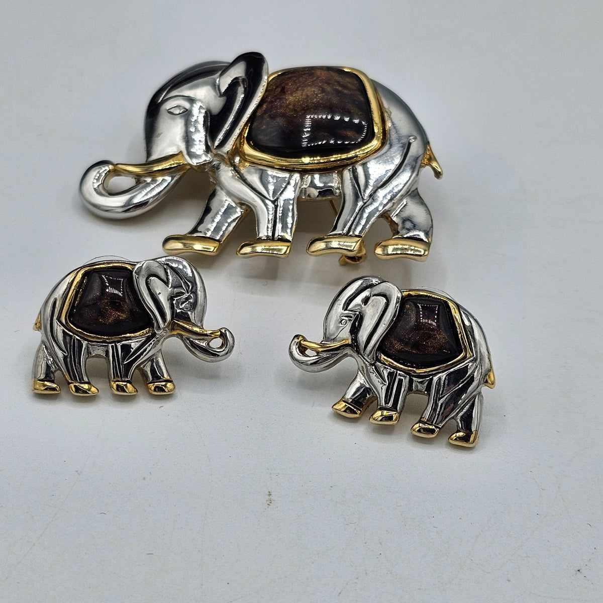 (50) Elephant Brooch Earring Set Gold SilverTone Jewelry Unique Animal Design Vintage