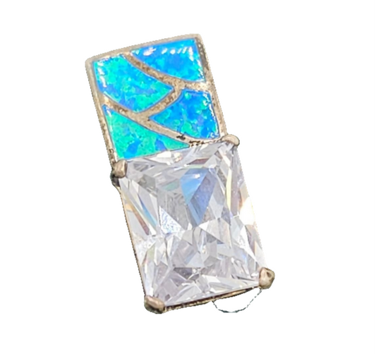 Huge Faceted Rhinestone Blue Opal Inlaid Rectangle 925 Silver Pendant