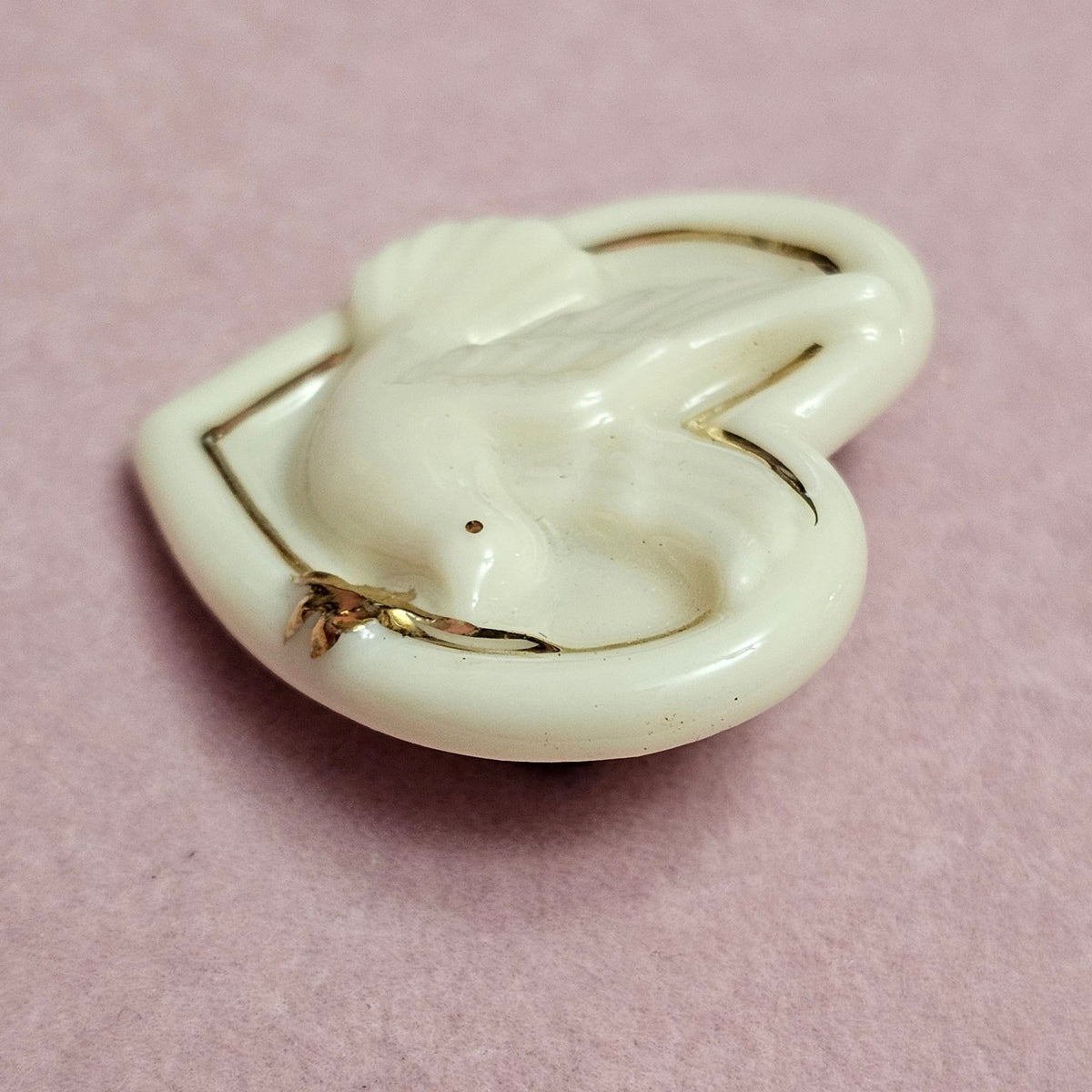 (737) Lenox Heart-Shaped Ceramic Brooch Gold Trim Peace Dove Vintage