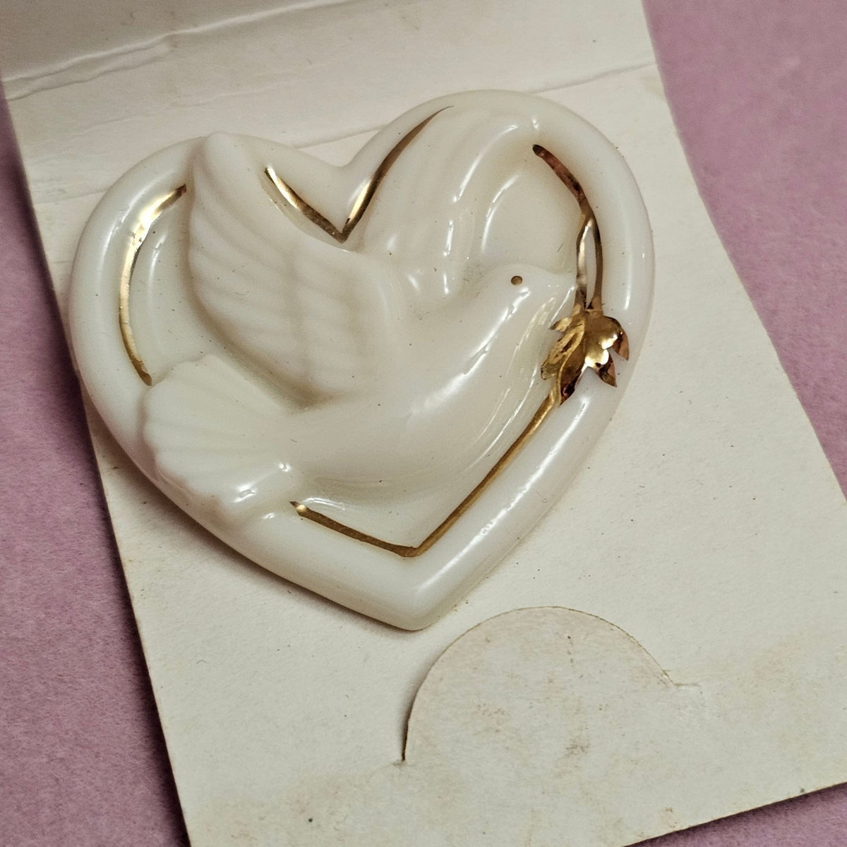 (737) Lenox Heart-Shaped Ceramic Brooch Gold Trim Peace Dove Vintage