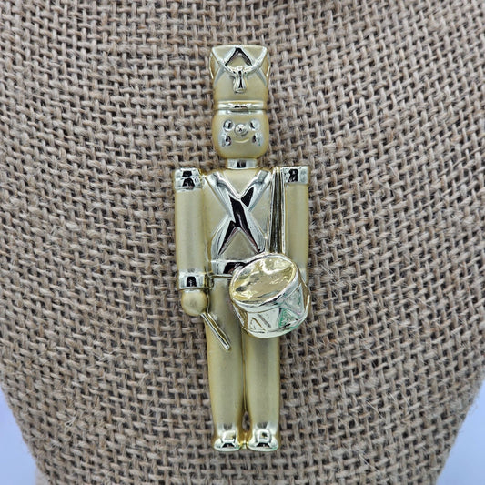 Vintage Gold-Tone Drummer Boy Soldier Brooch Pin Holiday Collectible Jewelry