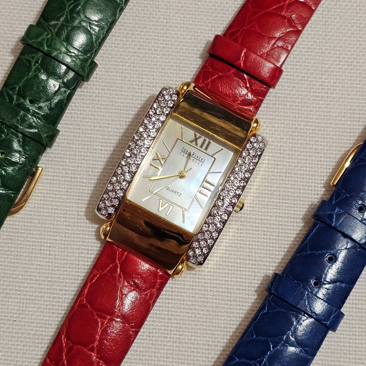 (643) Joan Rivers Gold-Tone Watch With Crystal Accents Interchangeable Leather Bands