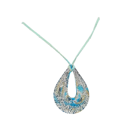 Vintage Blue Splatter Teardrop Italian Glass Pendant Necklace Turquoise Rope