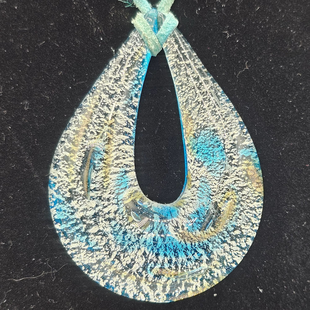 Vintage Blue Splatter Teardrop Italian Glass Pendant Necklace Turquoise Rope