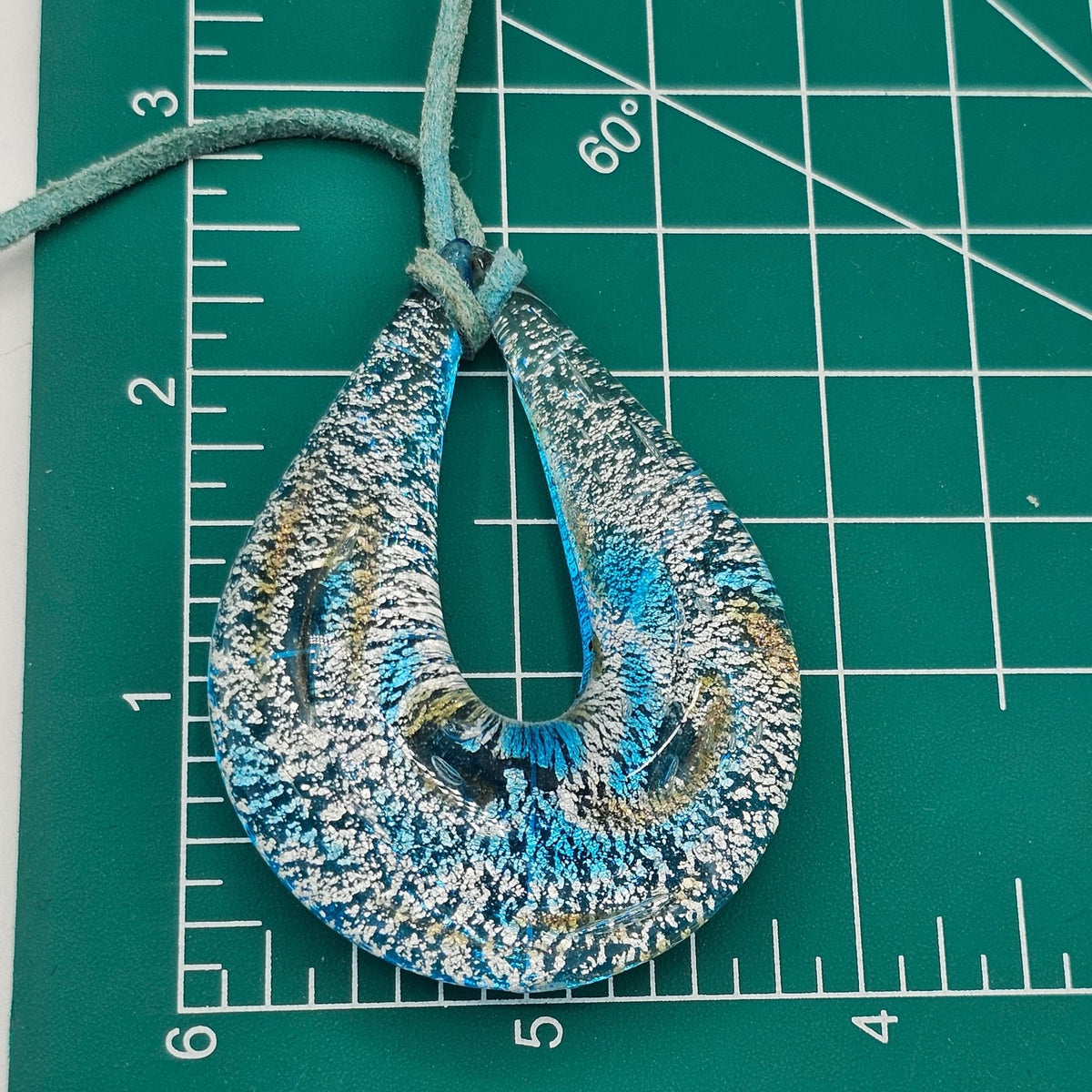Vintage Blue Splatter Teardrop Italian Glass Pendant Necklace Turquoise Rope