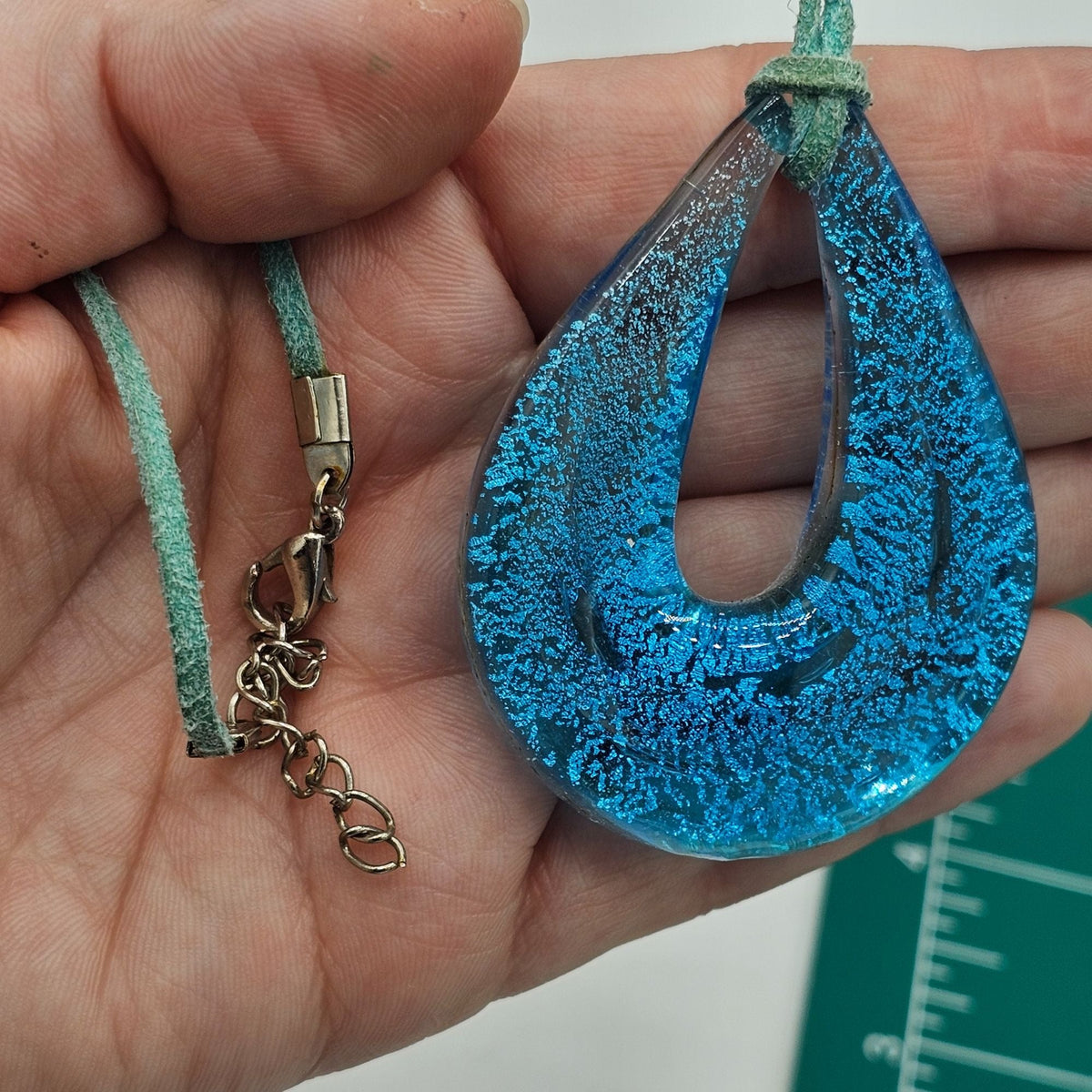 Vintage Blue Splatter Teardrop Italian Glass Pendant Necklace Turquoise Rope
