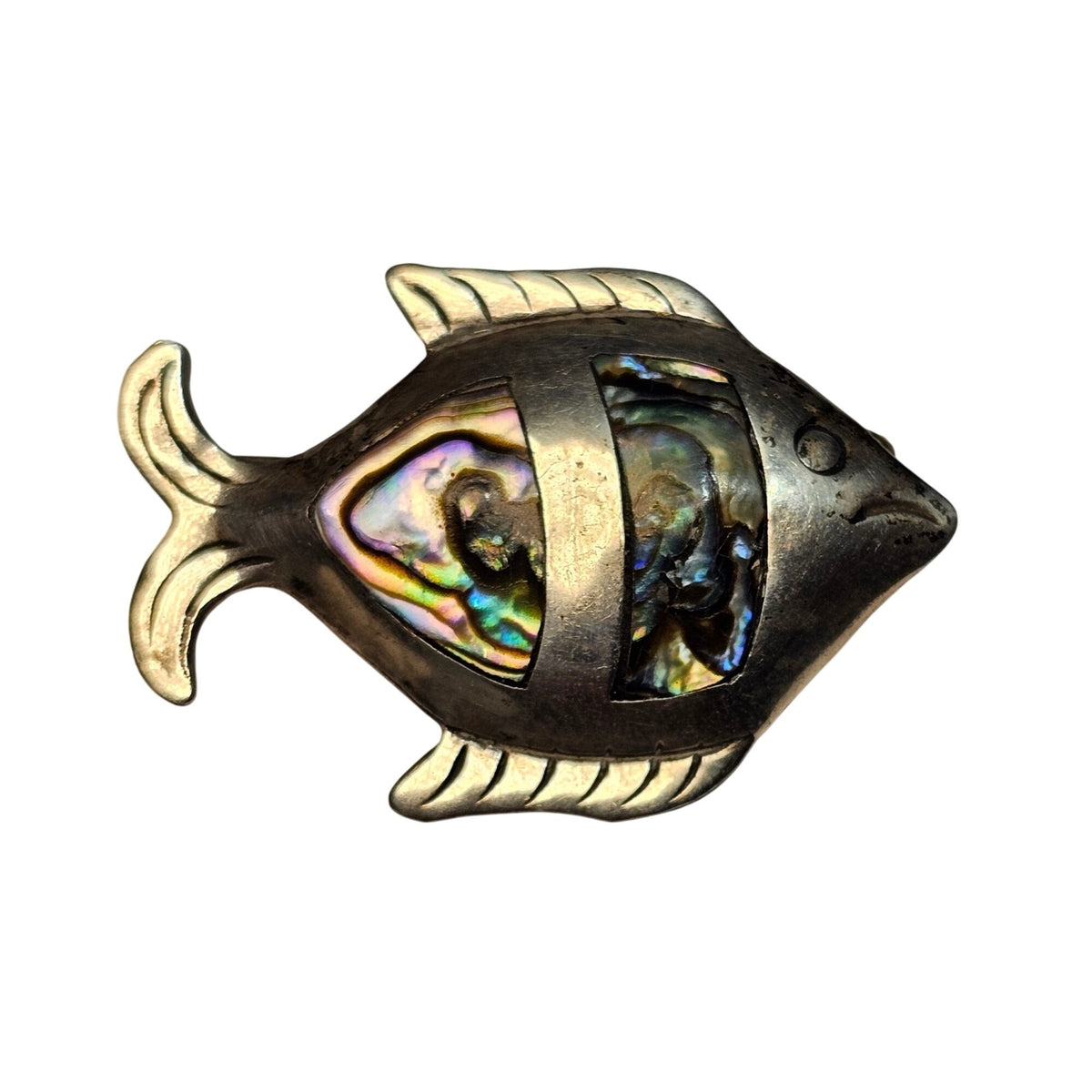 (708) Vintage Sterling Silver Fish Brooch Abalone Inlay Signed Taxco Mexico