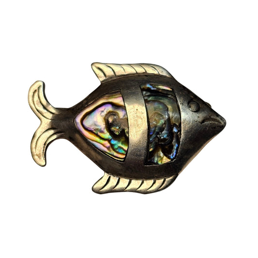 (708) Vintage Sterling Silver Fish Brooch Abalone Inlay Signed Taxco Mexico
