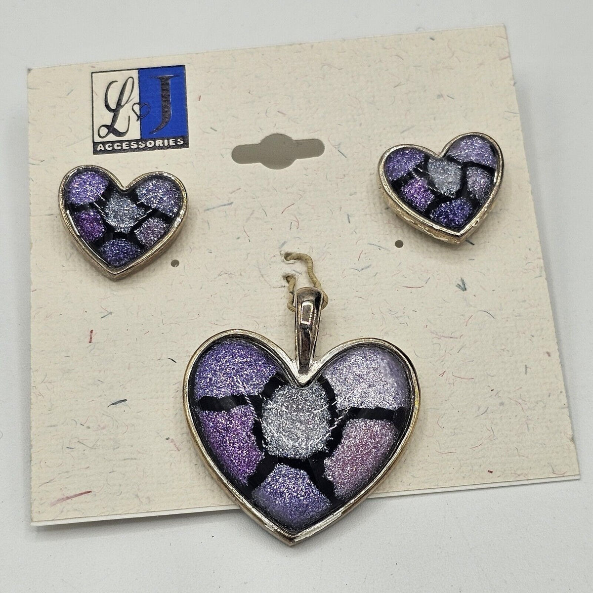 (682) Vintage Purple Acrylic Glitter Illusion Heart Pendant & Matching Earrings NOS