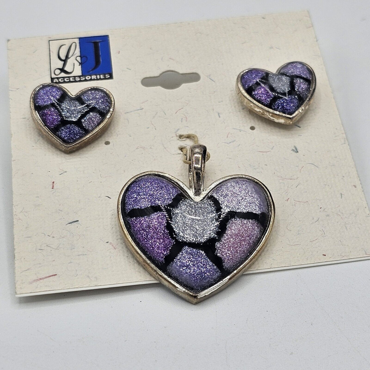 (682) Vintage Purple Acrylic Glitter Illusion Heart Pendant & Matching Earrings NOS