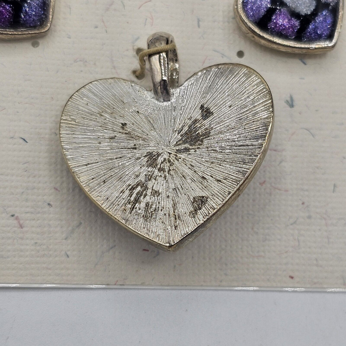 (682) Vintage Purple Acrylic Glitter Illusion Heart Pendant & Matching Earrings NOS