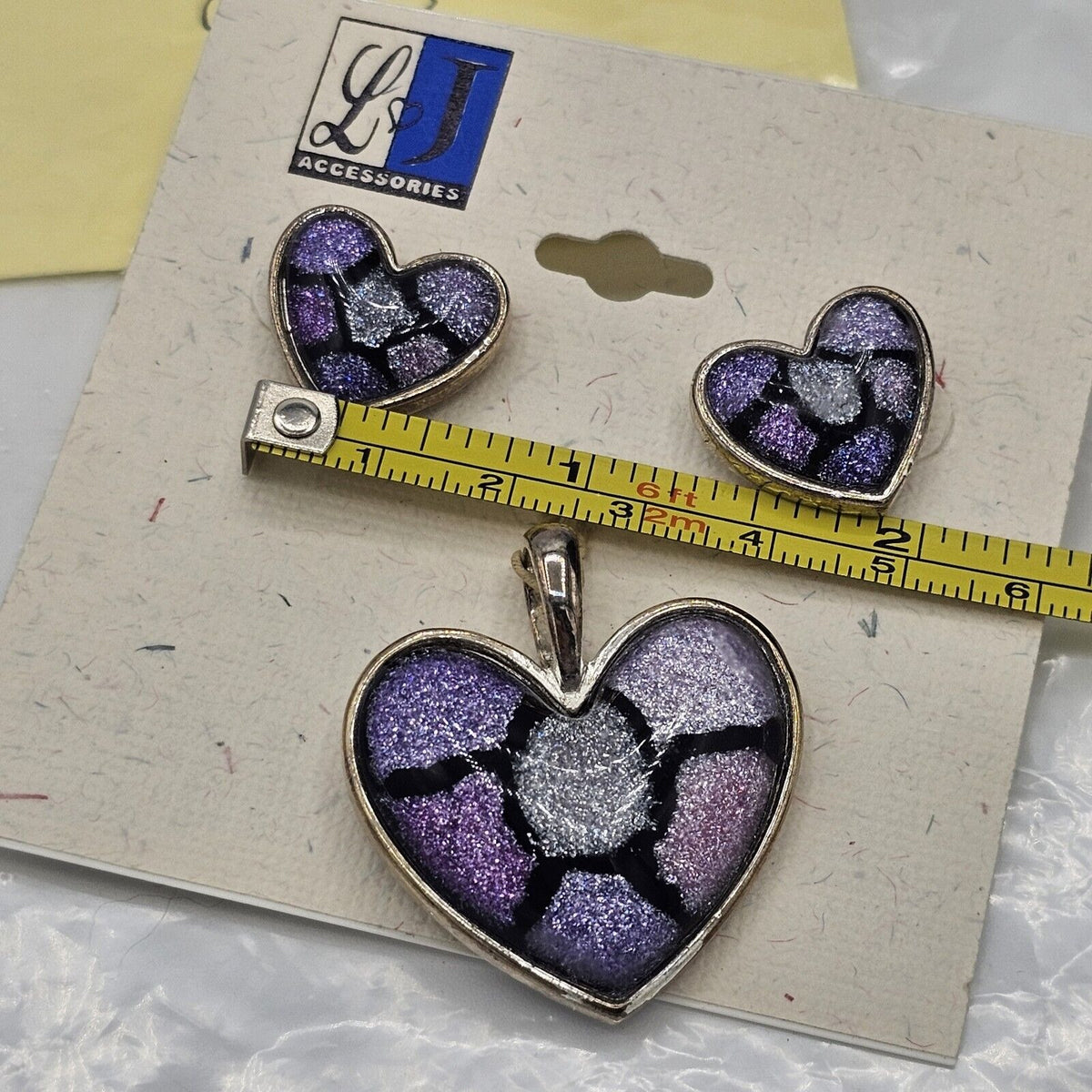 (682) Vintage Purple Acrylic Glitter Illusion Heart Pendant & Matching Earrings NOS