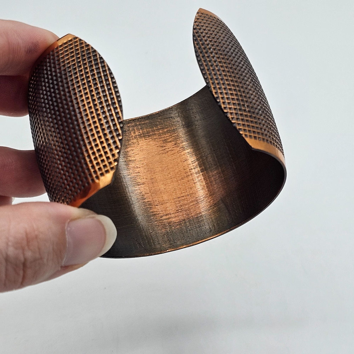 Textured Grid Solid Copper Wide Open Cuff Chunky Bracelet Adjustable