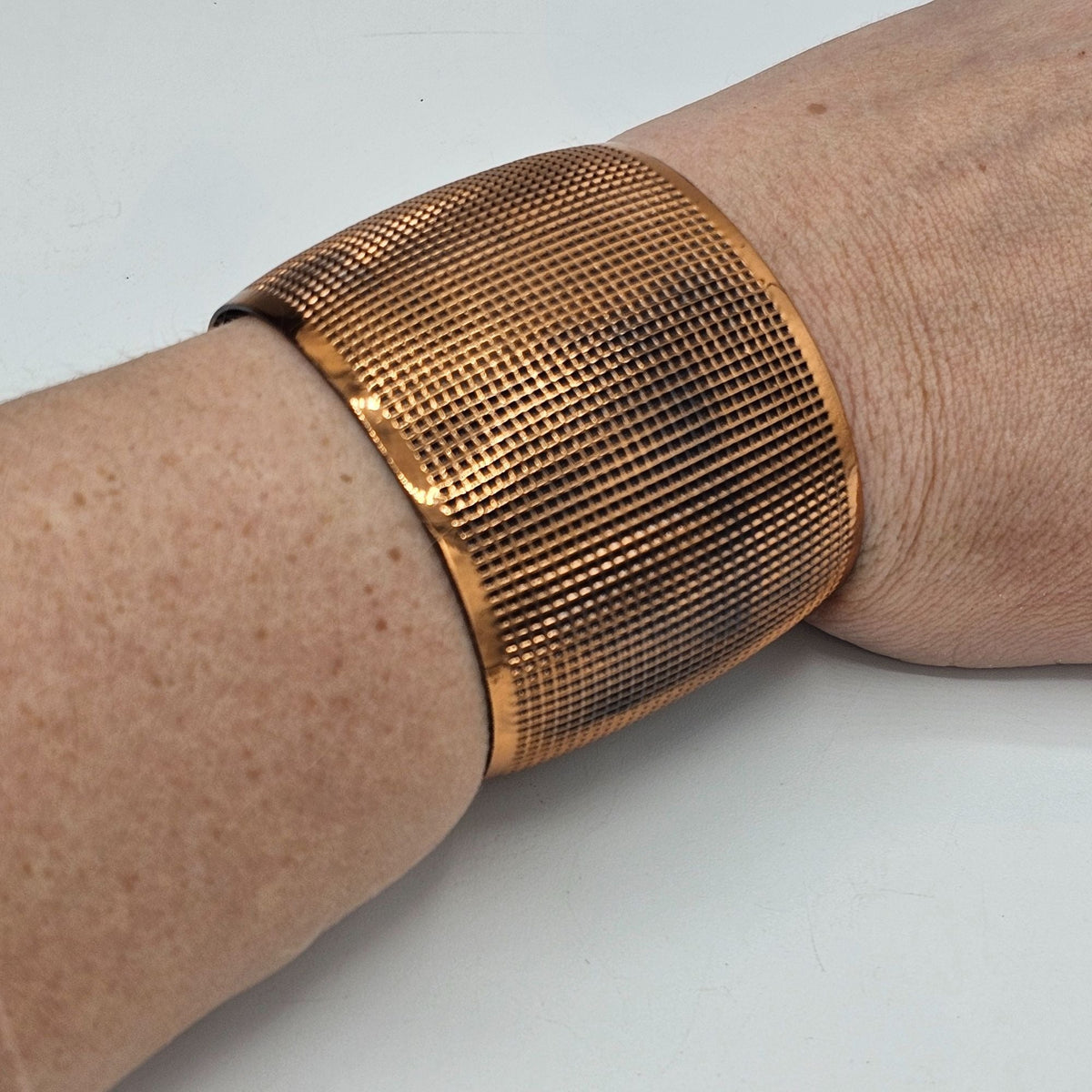 Textured Grid Solid Copper Wide Open Cuff Chunky Bracelet Adjustable