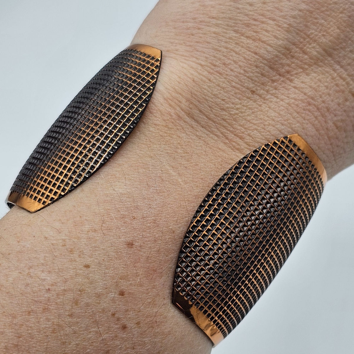 Textured Grid Solid Copper Wide Open Cuff Chunky Bracelet Adjustable