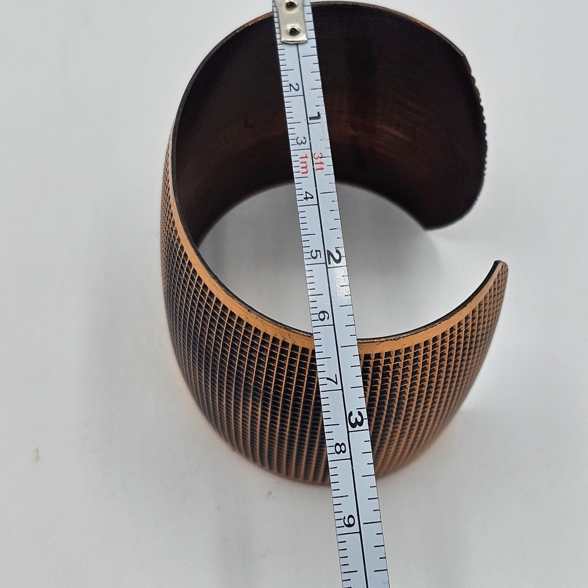 Textured Grid Solid Copper Wide Open Cuff Chunky Bracelet Adjustable
