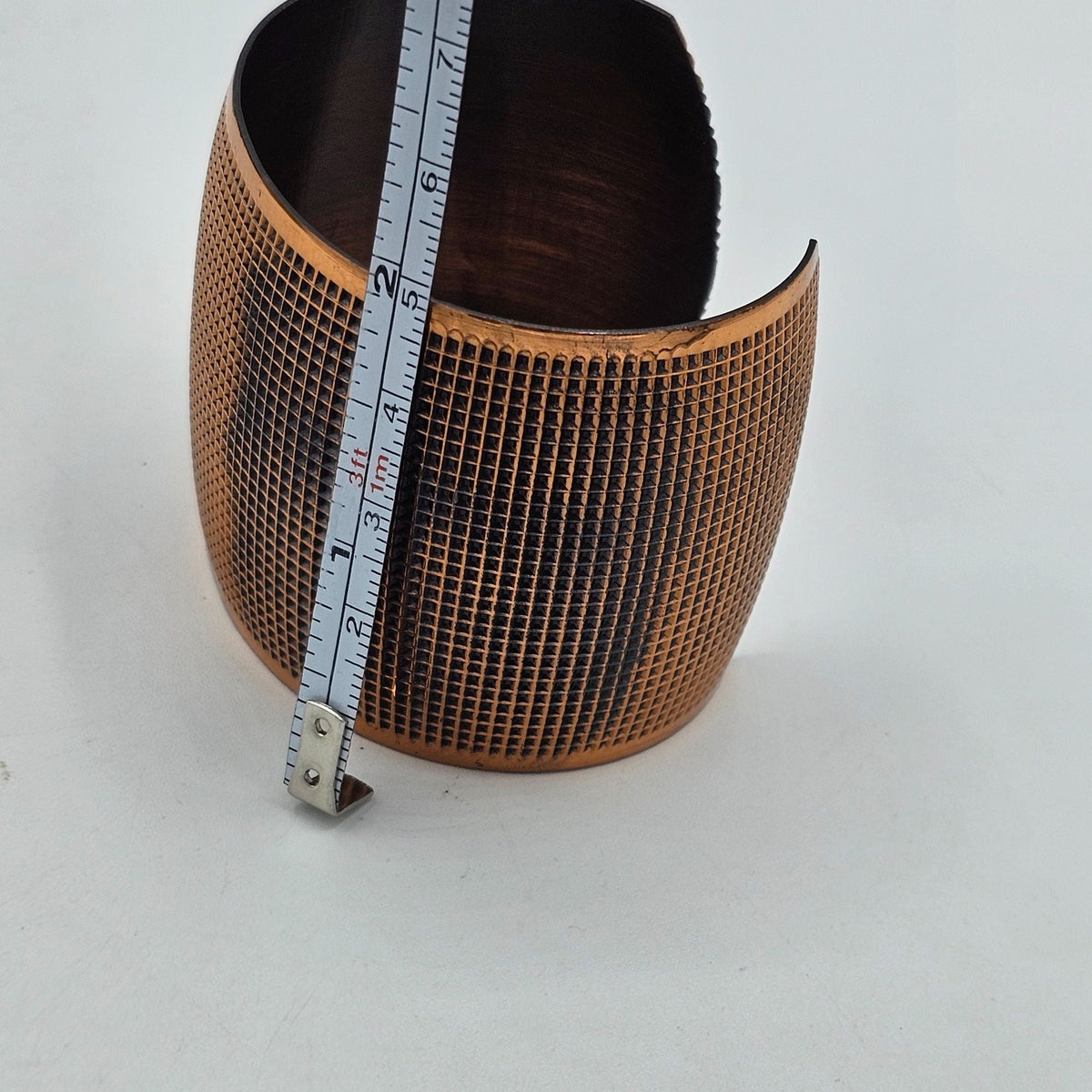 Textured Grid Solid Copper Wide Open Cuff Chunky Bracelet Adjustable