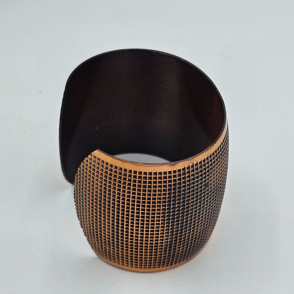 Textured Grid Solid Copper Wide Open Cuff Chunky Bracelet Adjustable