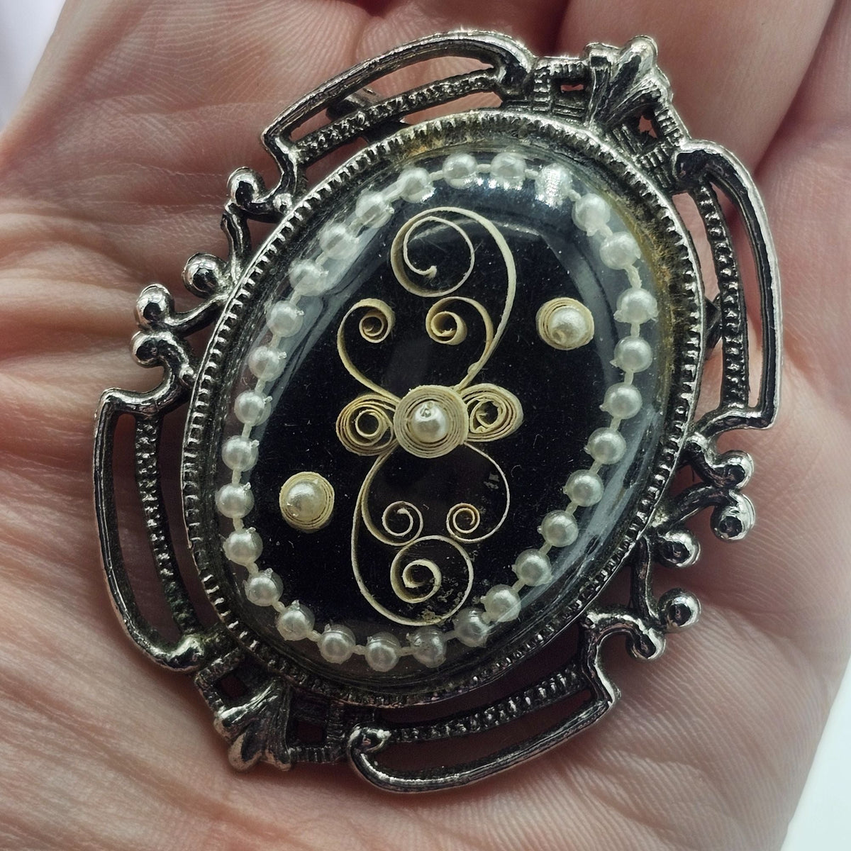 Vintage Handmade Kitty Eshleman Oval Brooch Filigree Paper Scrolls Glass Dome